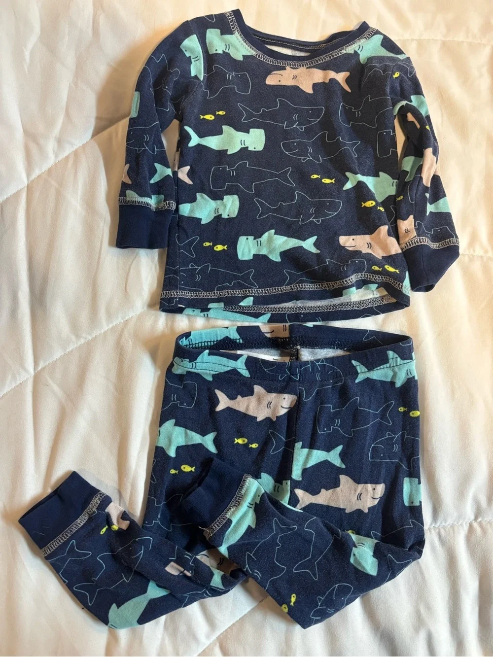 Kids Navy Shark Print Pajama Set - Blue/Teal 2 piece shirt & pants 12 months